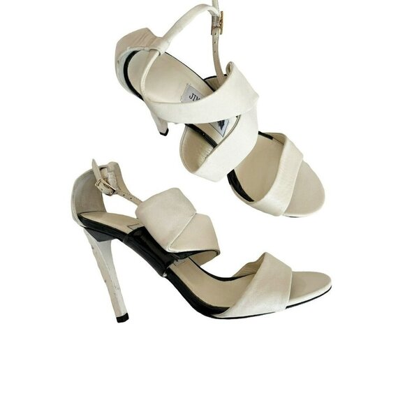 Jimmy Choo Trapeze Pleated Asymmetrical Off White Black Patent Leather Sandals - Picture 1 of 12
